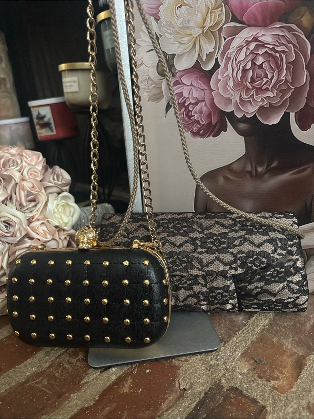 Black Quilted and Gold Studded clutch and Lace clutch bundle